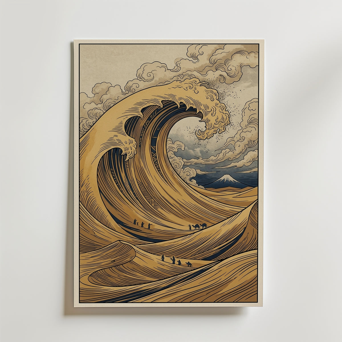 Desert Wave Poster – inramad i björk och vit passepartout, detalj av guldgula sanddyner i Hokusai-stil