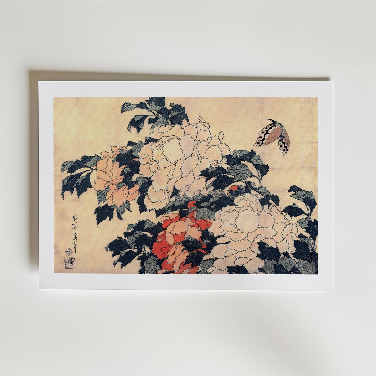 Katsushika Hokusai Peonies and Butterfly 1833 Poster – med passepartout