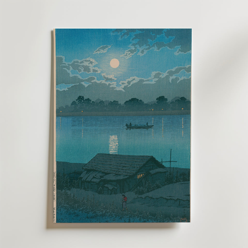 Hasui Kawase Moon over Arakawa River at Akabane 1929 Poster – utan passepartout