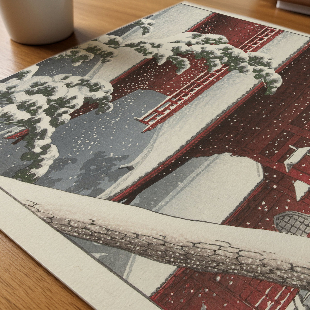 Hasui Kawase Snow at Zojo-ji Temple 1925 Poster – närbild på papper