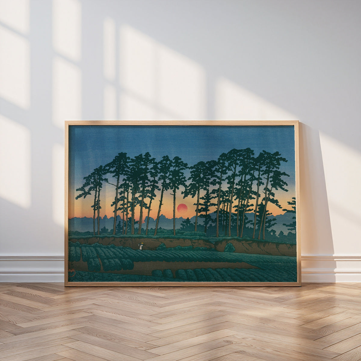 Hasui Kawase Setting Sun at Ichinokura Ikegami 1928 Poster – i rum 3