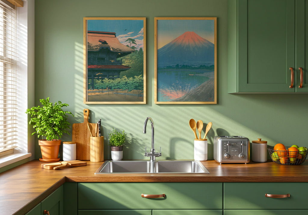 Hasui Kawase Daybreak over Lake Yamanaka 1931 Poster – två posters i rum 3