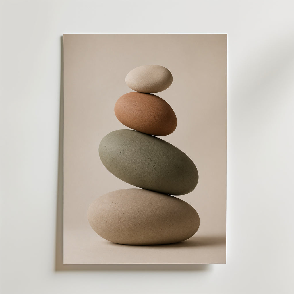 Balanced Stone Cairn affisch inramad i neutral ram – konsttryck från Bozetto – nr 1