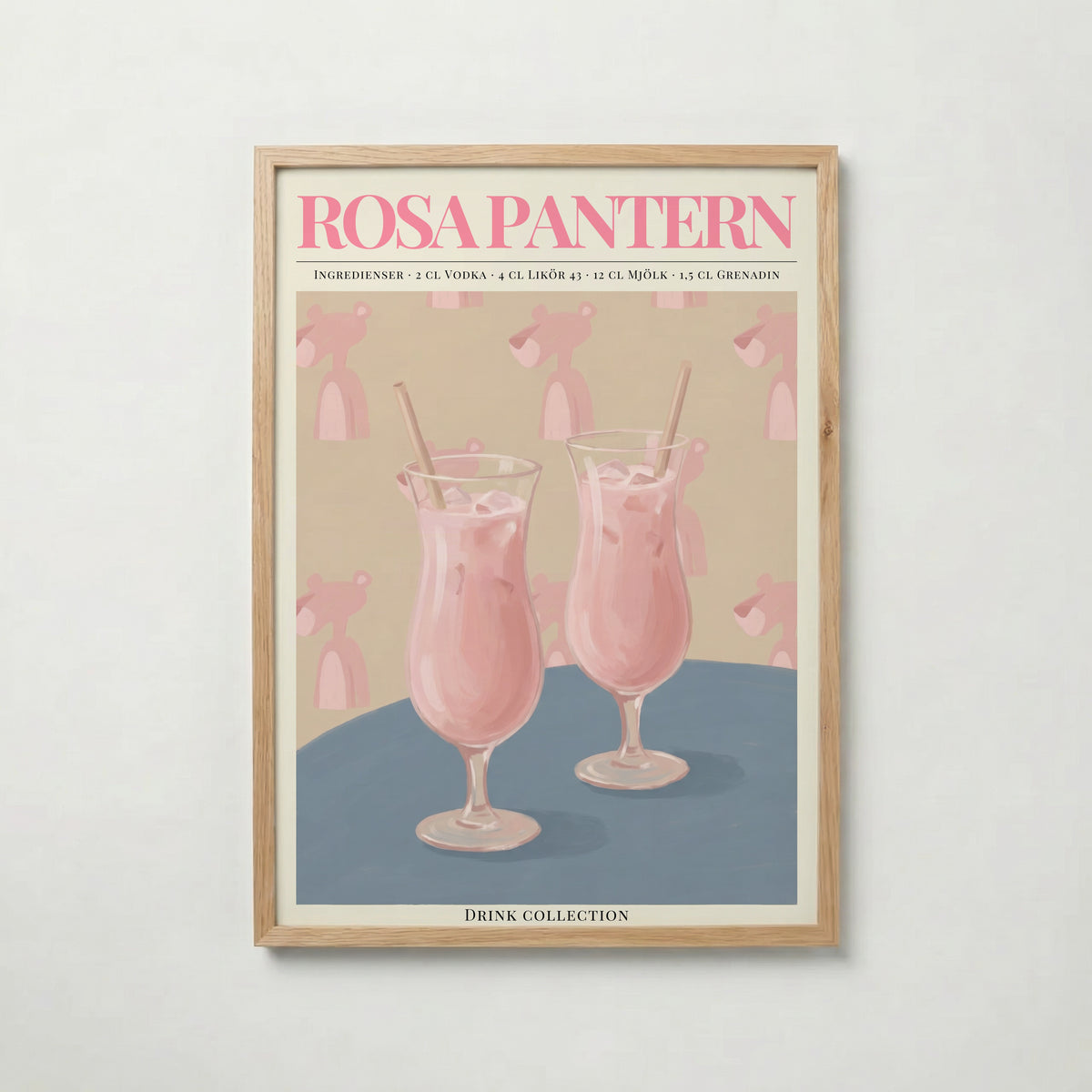 Rosa Pantern i ekram med ljust trä – köp enkelt hos Bozetto affisch i hög kvalitet