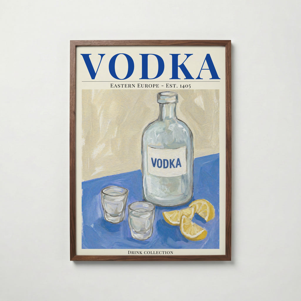 Vodka affisch i valnötsram – mörkbrun inramning med exklusiv känsla, Bozetto i hög tryckkvalitet