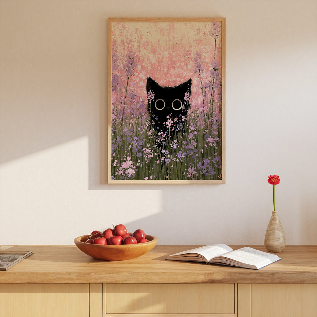 Cat in Bloom Poster – svart katt bland rosa ängsblommor på vägg i inrett rum, fri frakt över 499 kr