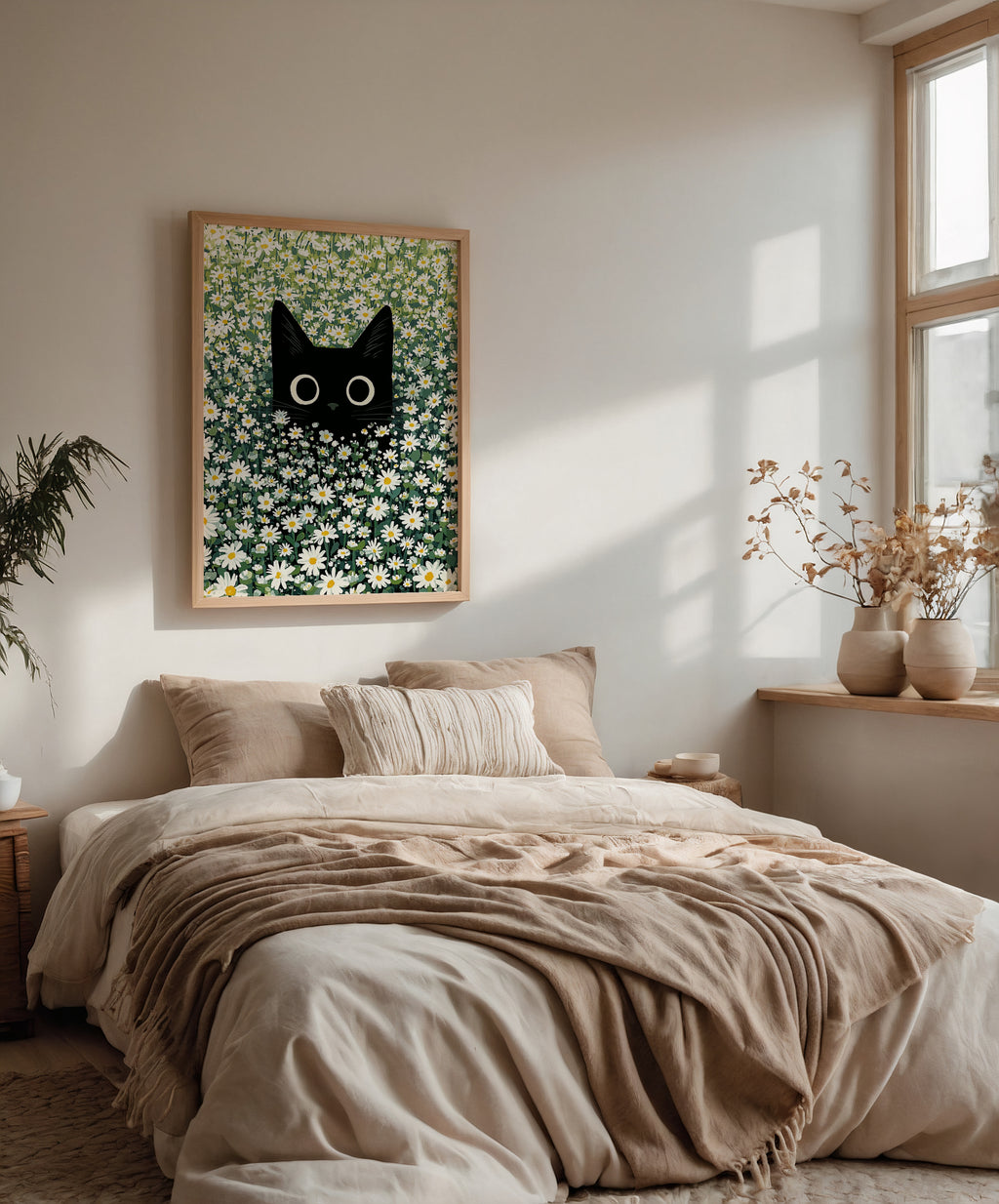 Cat in Green Grass Poster – svart katt bland vita prästkragar ovanför soffan i hemmiljö, konsttryck från Bozetto