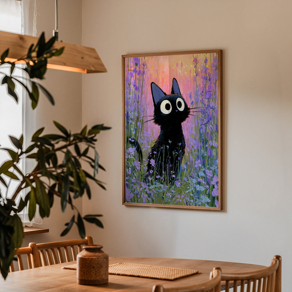 Cat in Violette Meadow Poster – svart katt i lavendeläng i skymning på vägg i inrett rum, fri frakt över 499 kr