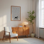 Cat in the Willow William Morris Poster – svart katt i William Morris minimalistiska pilmönster i blågrått