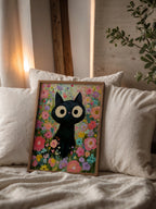 Colorful Cat in Bloom Poster – svart katt i färgsprakande blomhav i modern hemmiljö, poster från Bozetto
