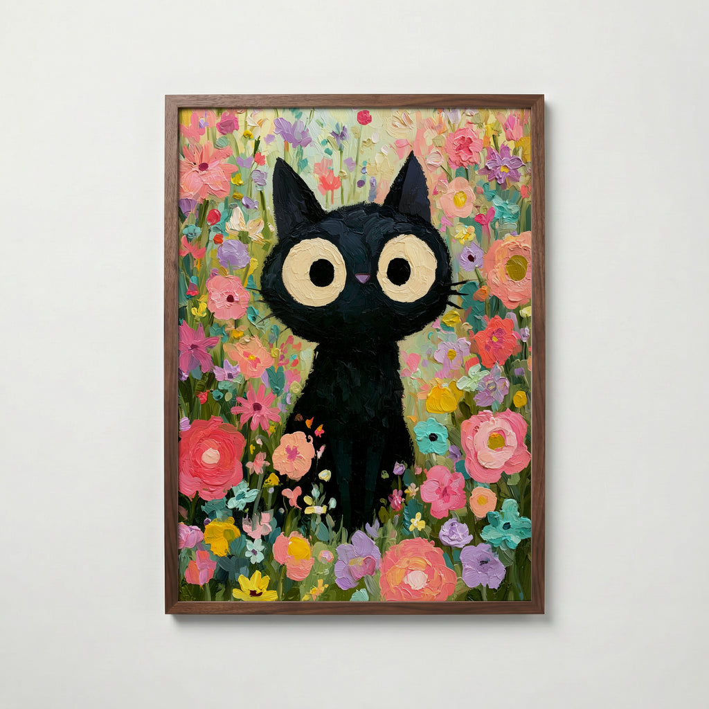 Colorful Cat in Bloom Poster – svart katt i färgsprakande blomhav i valnötsram, konst från Bozetto