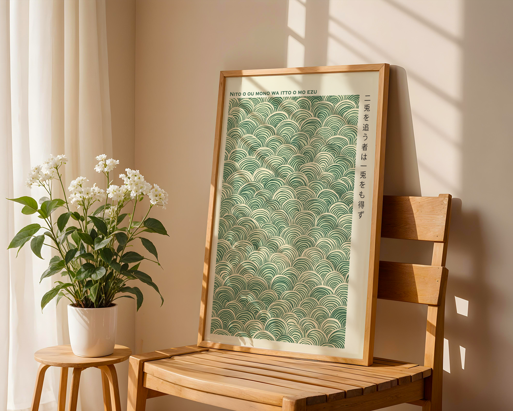 Mockup av Green Waves Japandi affisch på vägg – köp enkelt hos Bozetto i hög kvalitet