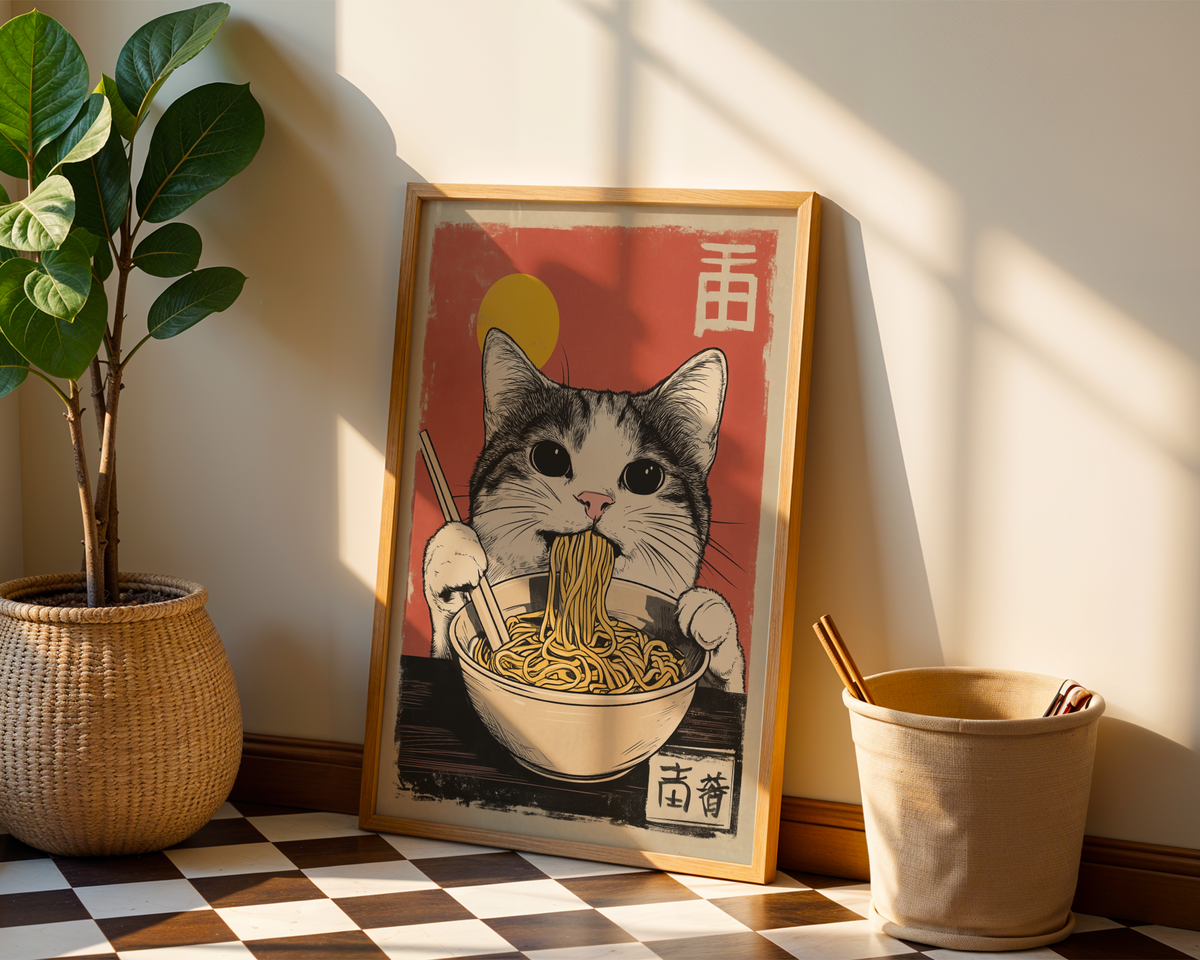 Mockup av Cat Eats Noodle affisch på vägg – köp enkelt hos Bozetto i hög kvalitet