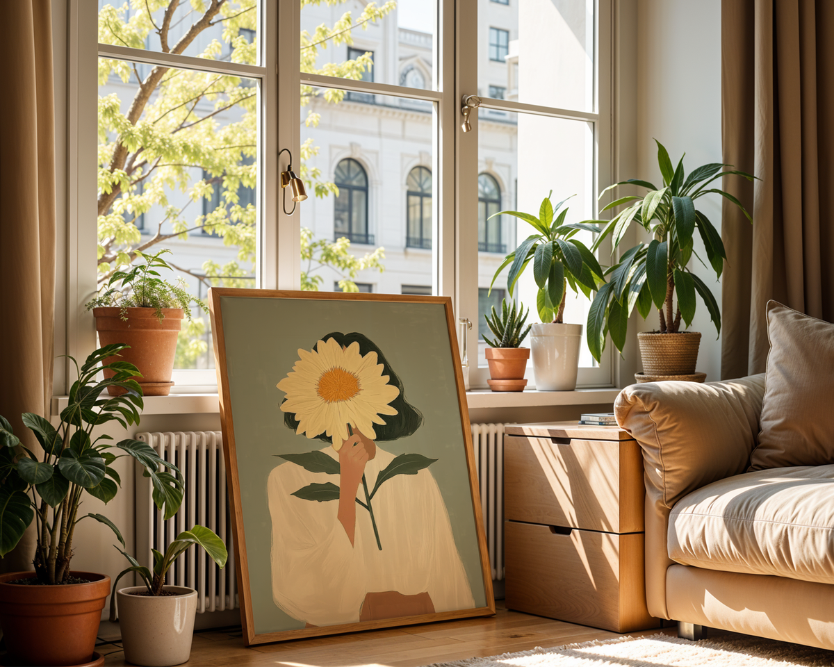 Mockup av Hidden sunflower No.2 affisch på vägg – köp enkelt hos Bozetto i hög kvalitet
