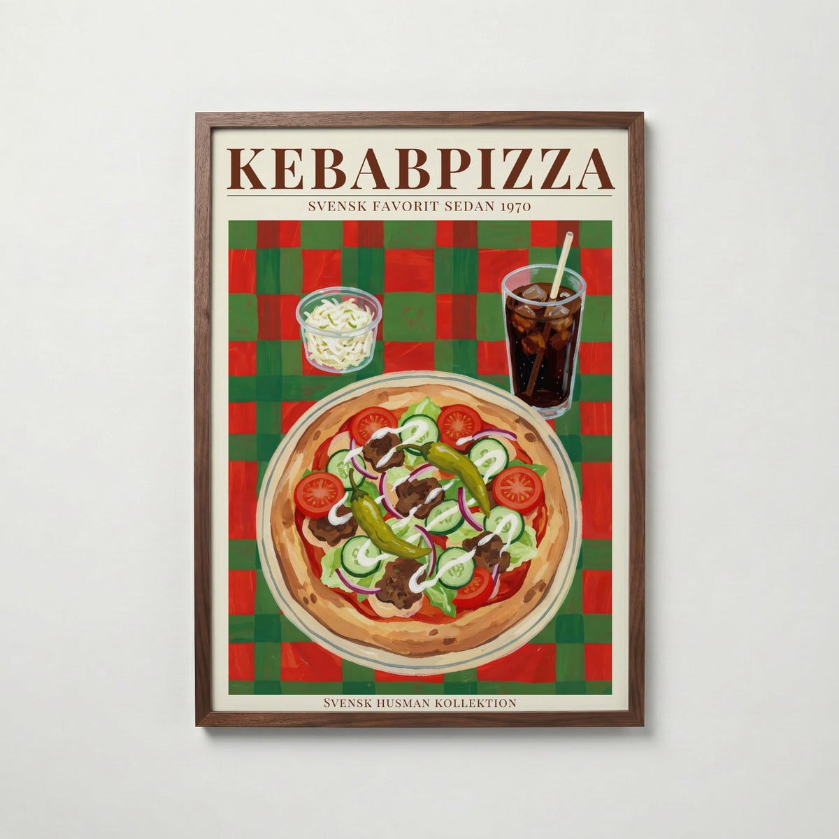 Kebabpizza konsttryck på vit bakgrund – elegant Bozetto affisch för hemmet i hög tryckkvalitet