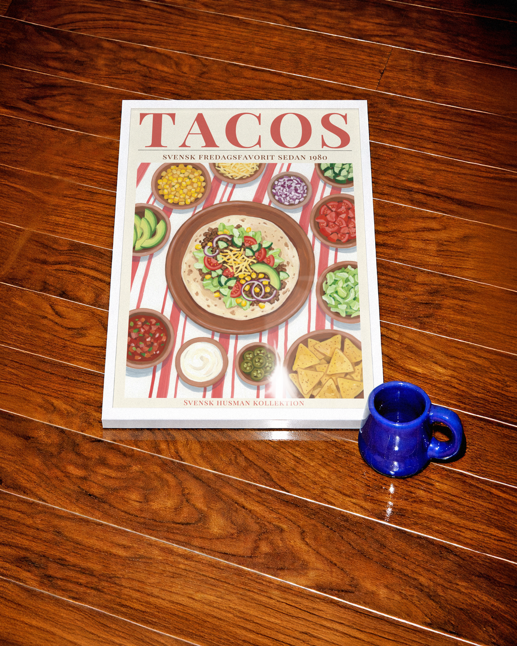 Tacos Fredag poster visualiserad på vägg – se rätt storlek med mockup från Bozetto