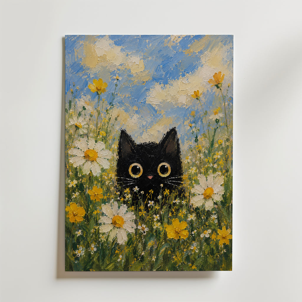 Summer Cat Poster – svart katt bland sommarblommor på canvas, tryckt i Sverige