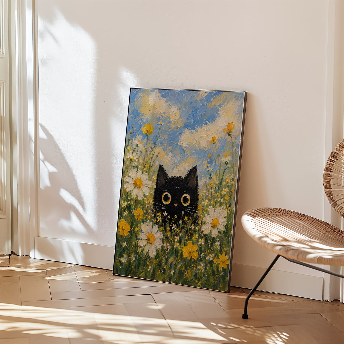 Summer Cat Poster – svart katt bland sommarblommor i modern hemmiljö, poster från Bozetto