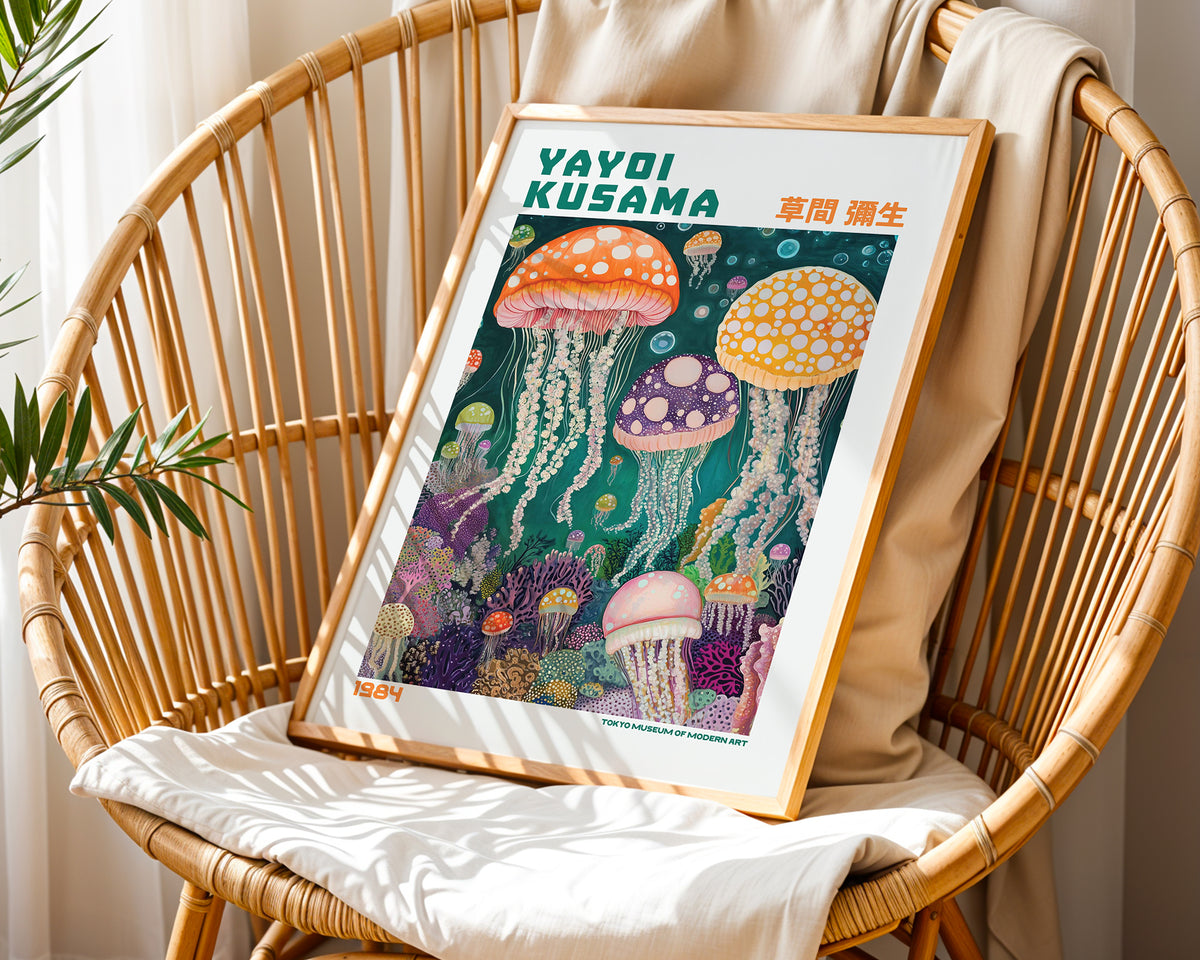 Väggmockup med Yayoi Kusama Deep Sea – köp enkelt hos Bozetto affisch i hög kvalitet
