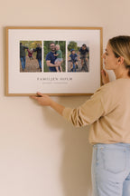 Kvinna hänger upp familjeposter med tre foton