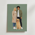 Vektorporträtt av par med golden retriever på salviagrön bakgrund