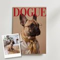 Före och efter: foto på den franska bulldoggen bredvid DOGUE-postern