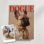 Före och efter: foto på den franska bulldoggen bredvid DOGUE-postern