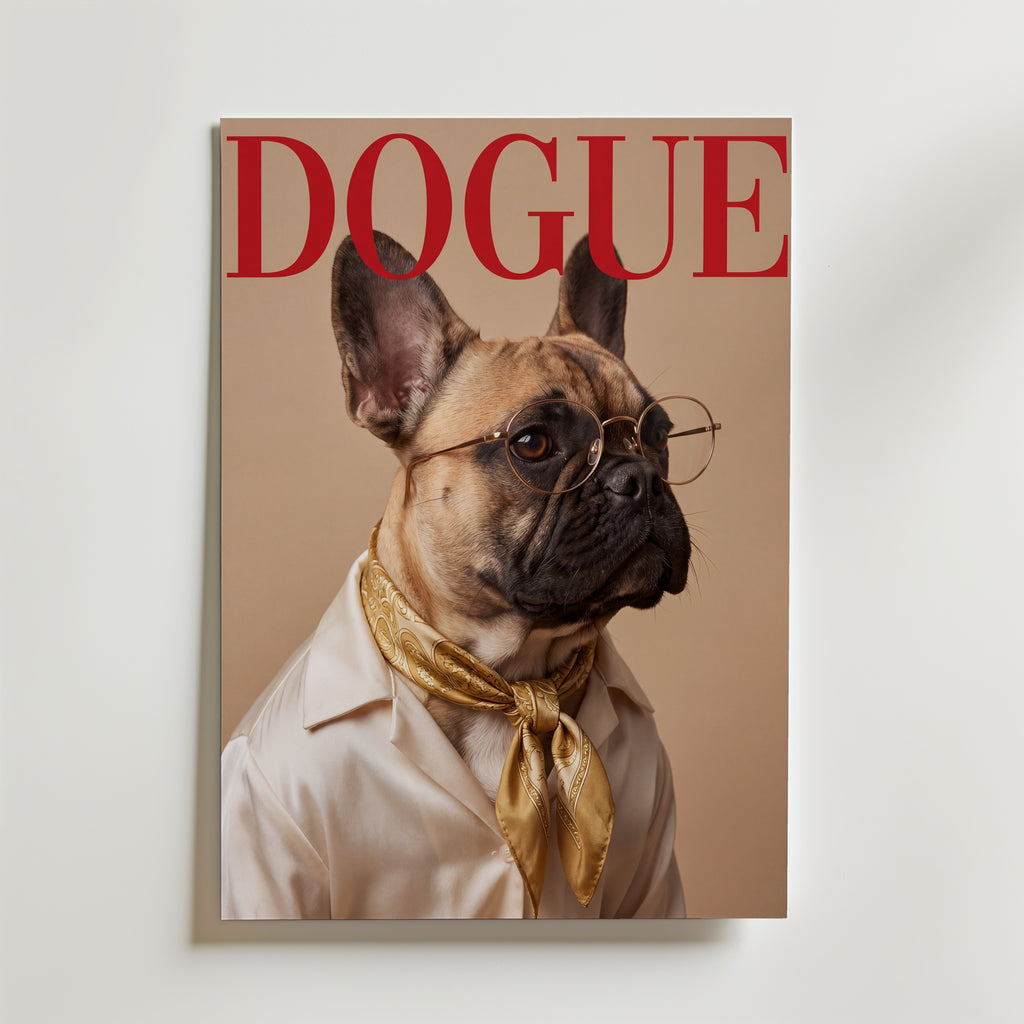 Personlig AI-poster DOGUE med fransk bulldog i glasögon och sidenscarf