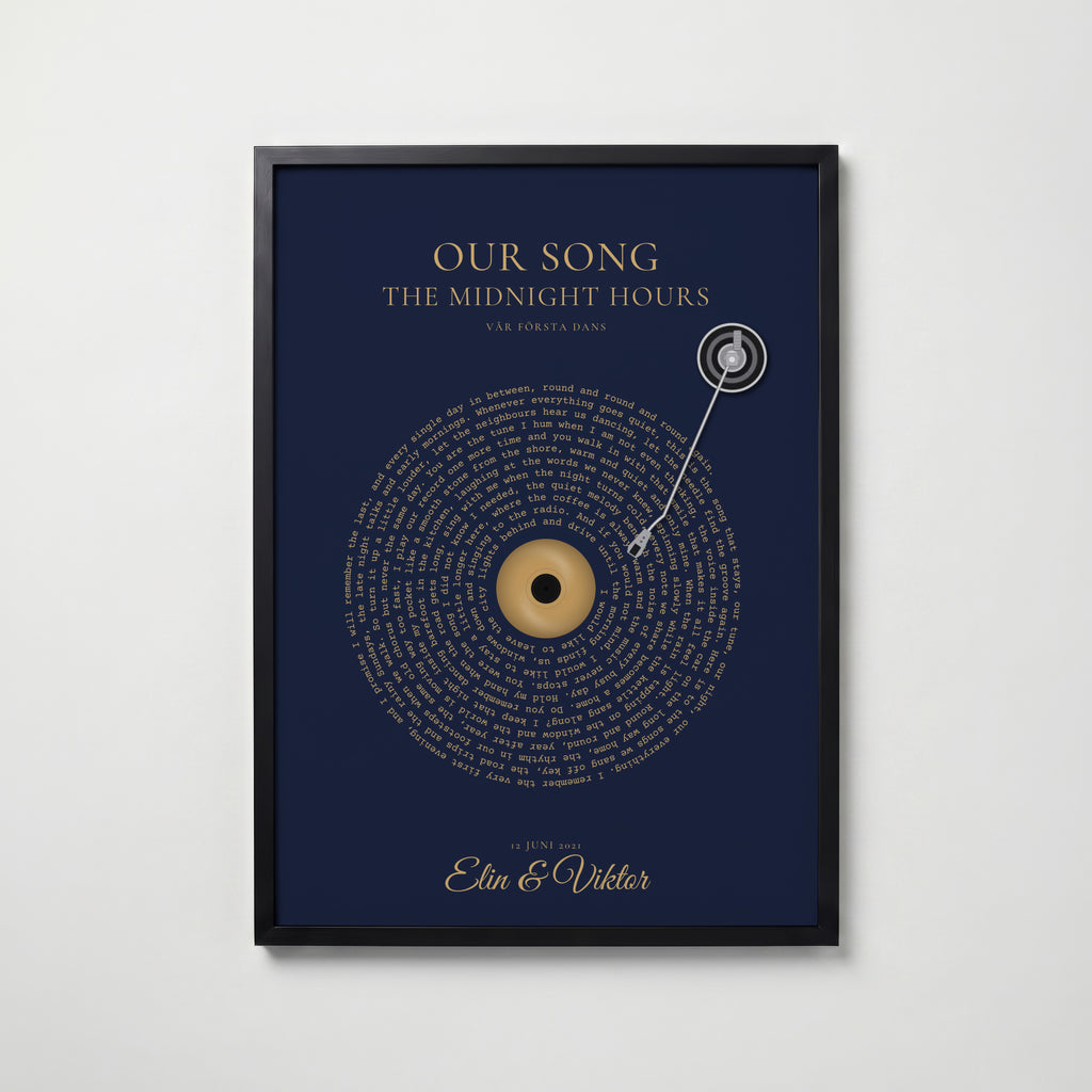 Personlig vinylposter med låttext i svart ram