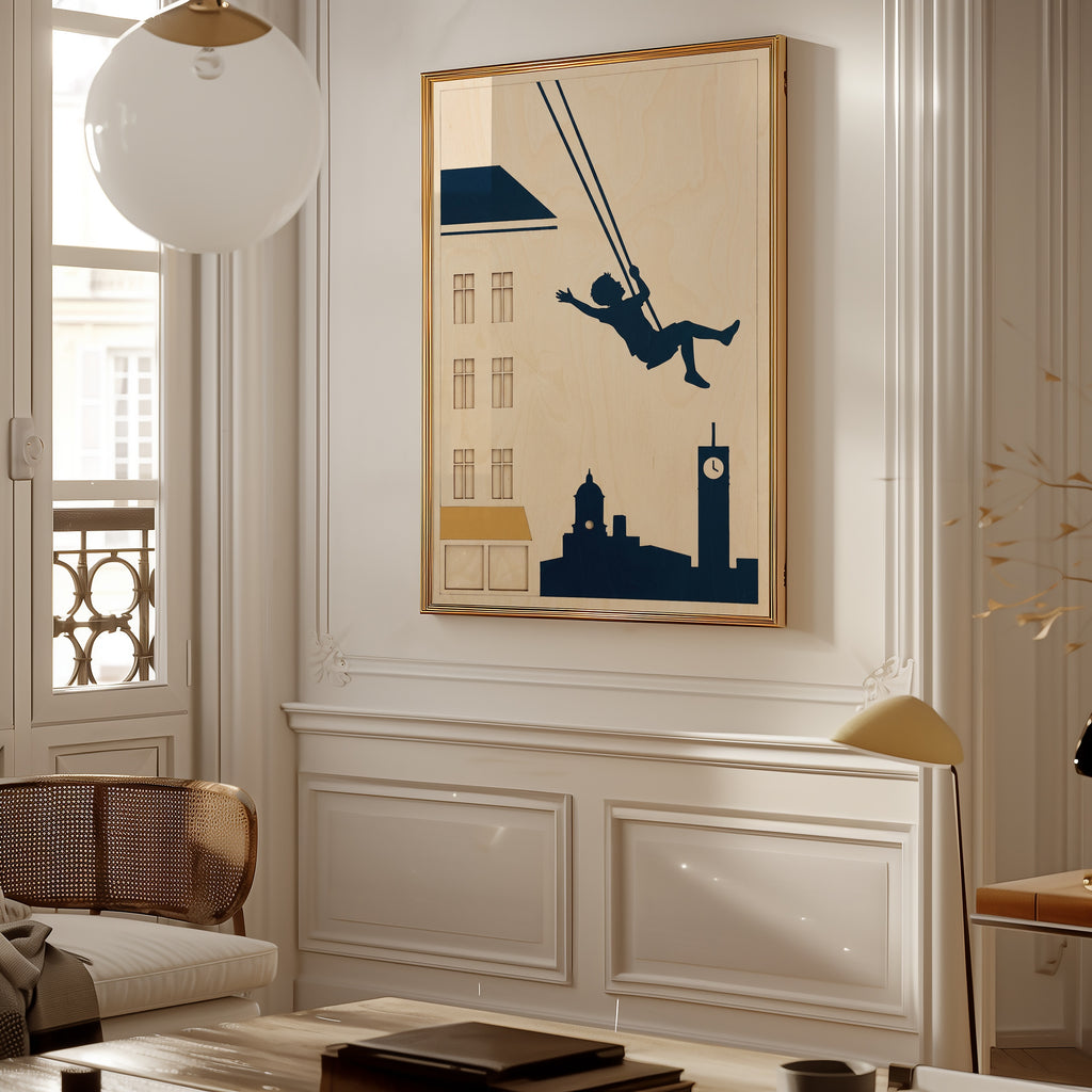 Skyline Swing Poster ovanför soffa, marinblå siluett, leverans 1 till 3 dagar