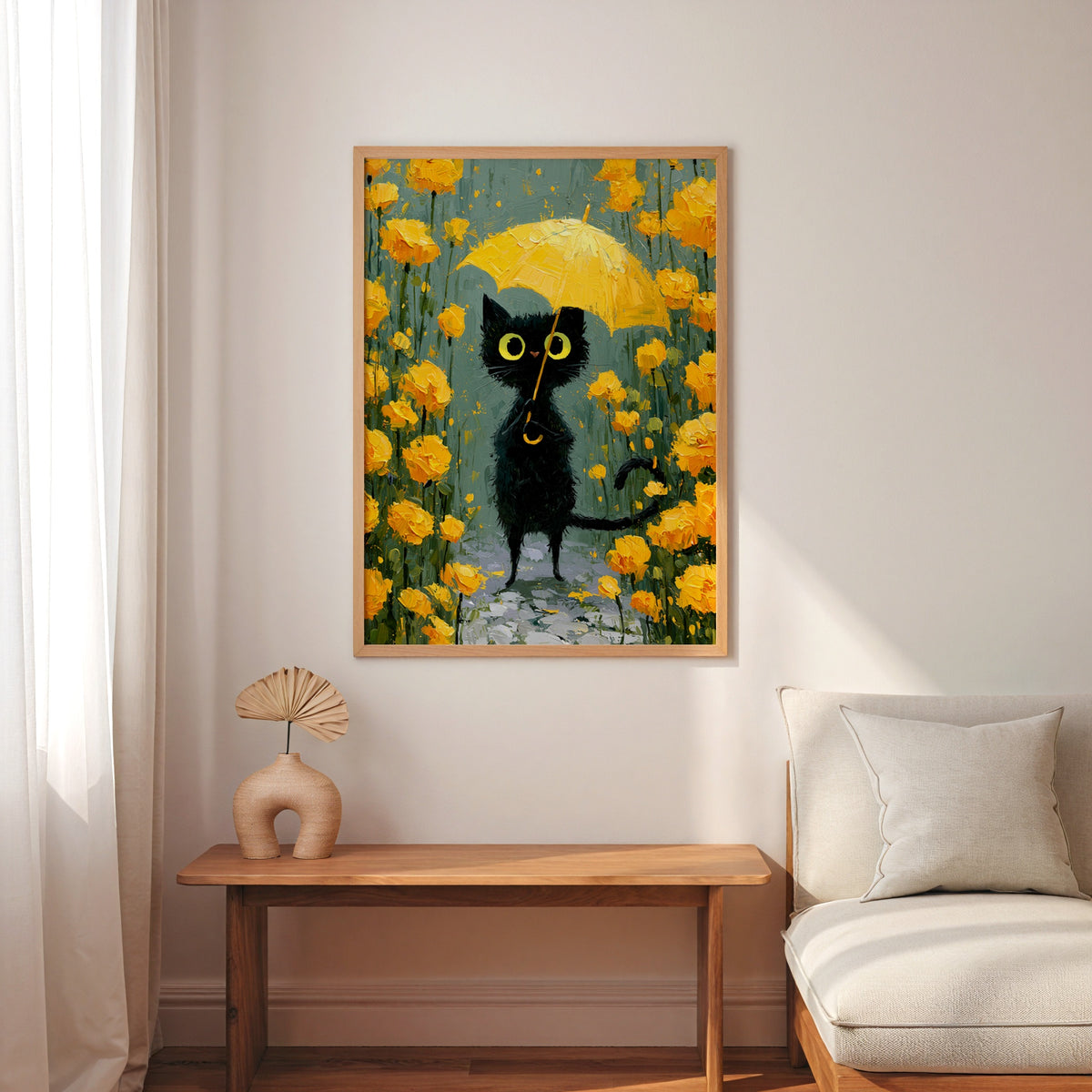 Umbrella Cat in Yellow Garden Poster i en inredd rumsmiljo